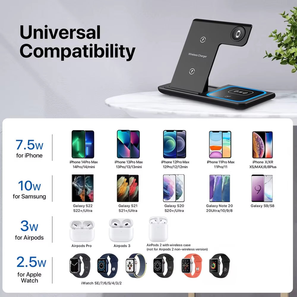 LED Fast Wireless Charger Stand 3 in 1 Foldable Charging Station for Iphone17/16/15/14Apple Watch 9 8 7 6 5 Airpods Pro
