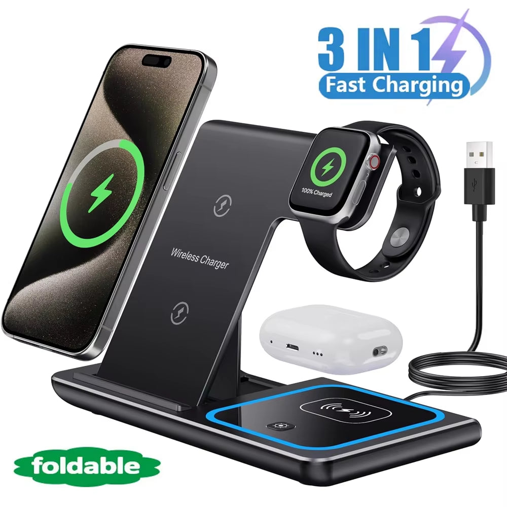 LED Fast Wireless Charger Stand 3 in 1 Foldable Charging Station for Iphone17/16/15/14Apple Watch 9 8 7 6 5 Airpods Pro