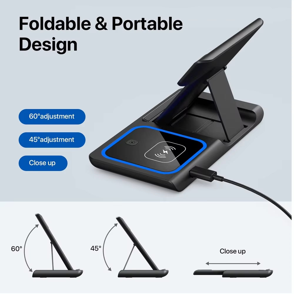 LED Fast Wireless Charger Stand 3 in 1 Foldable Charging Station for Iphone17/16/15/14Apple Watch 9 8 7 6 5 Airpods Pro