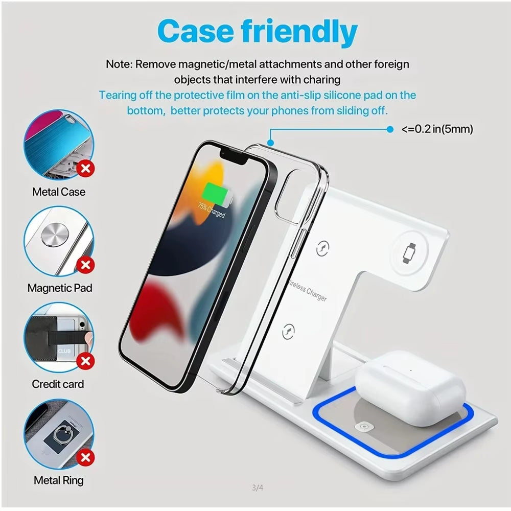 LED Fast Wireless Charger Stand 3 in 1 Foldable Charging Station for Iphone17/16/15/14Apple Watch 9 8 7 6 5 Airpods Pro