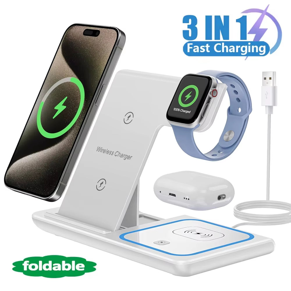 LED Fast Wireless Charger Stand 3 in 1 Foldable Charging Station for Iphone17/16/15/14Apple Watch 9 8 7 6 5 Airpods Pro