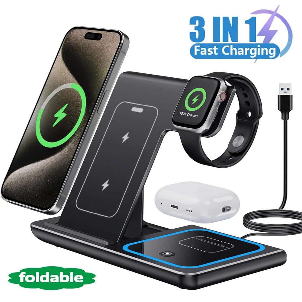 LED Fast Wireless Charger Stand 3 in 1 Foldable Charging Station for Iphone17/16/15/14Apple Watch 9 8 7 6 5 Airpods Pro